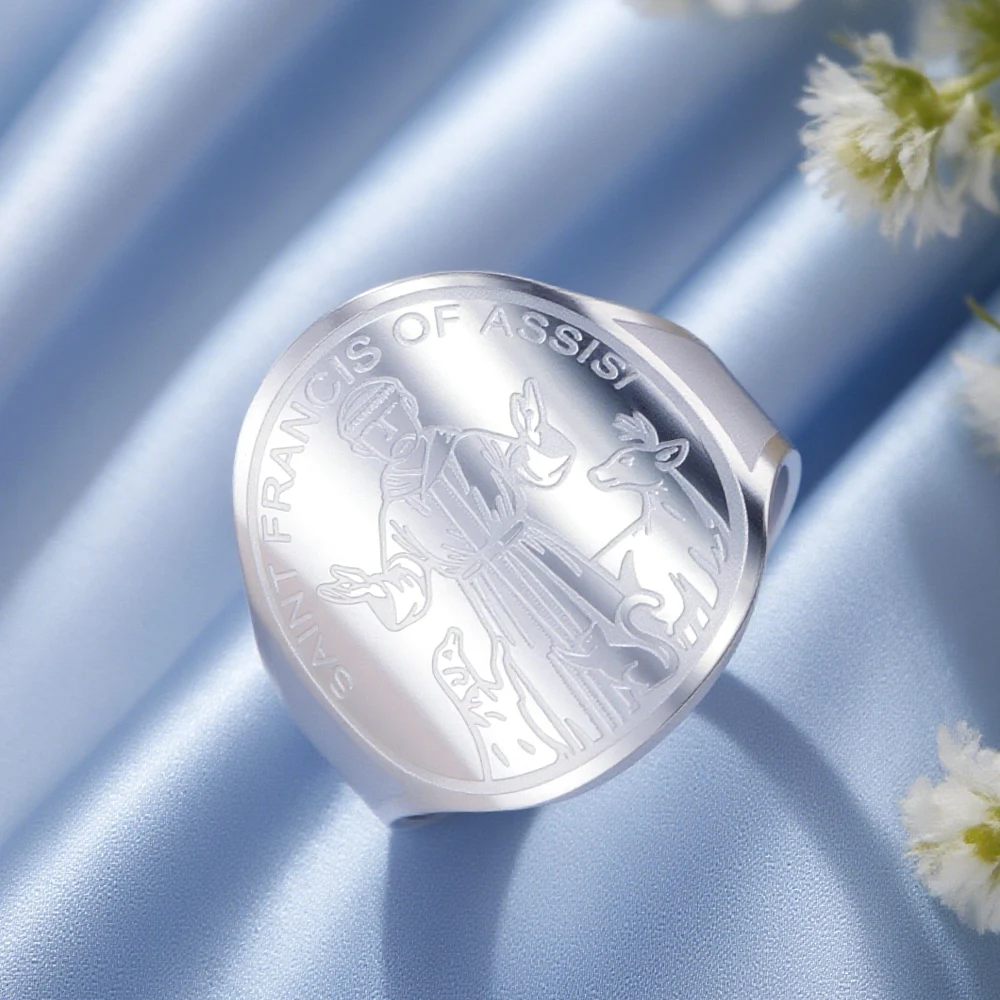 Dawapara Saint Francis of Assisi Adjustable Ring Catholic Patron Saint Animal Advocate Gifts Stainless Steel Jewelry