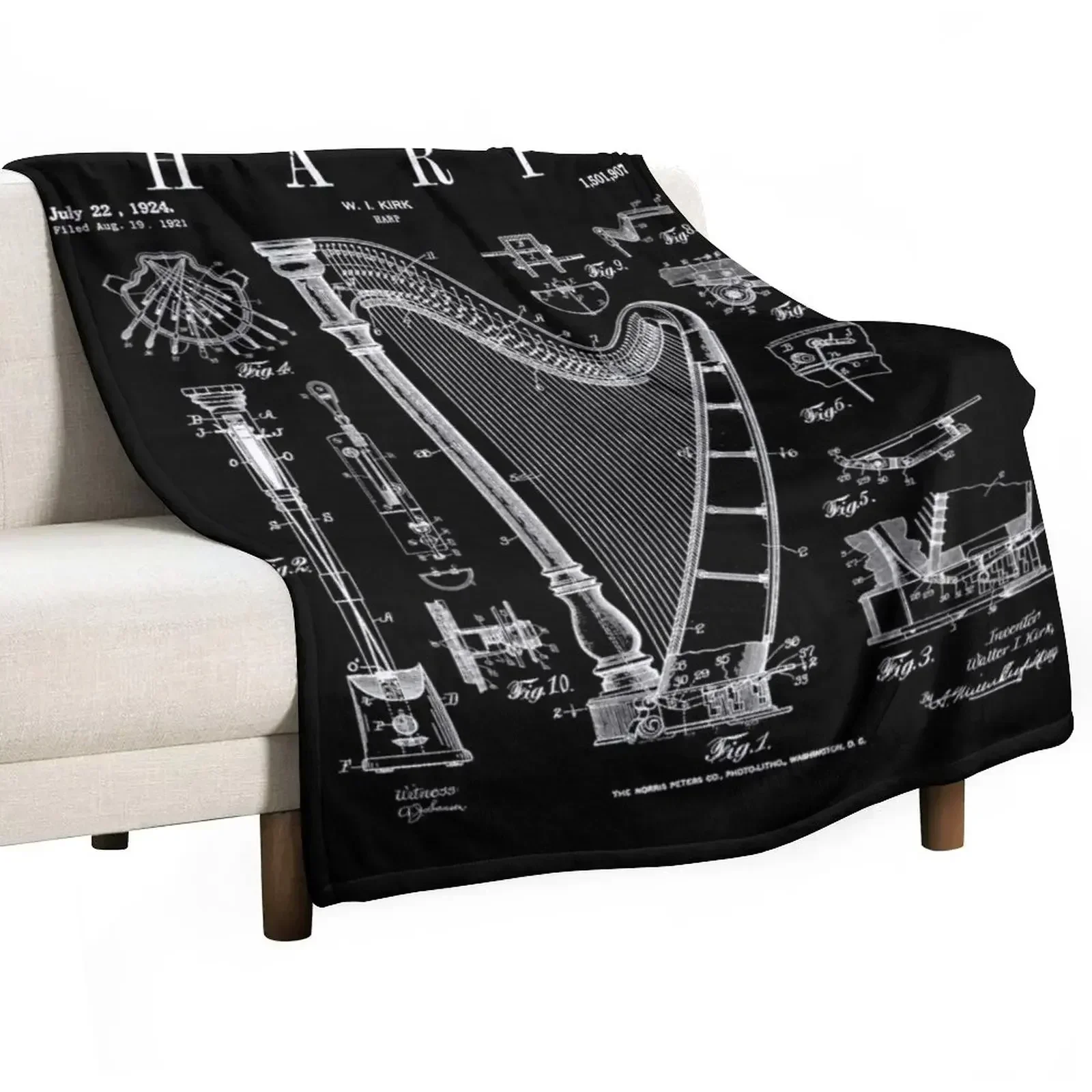 

Harp Vintage Patent Harpist Drawing Print Throw Blanket Retros Warm Blankets