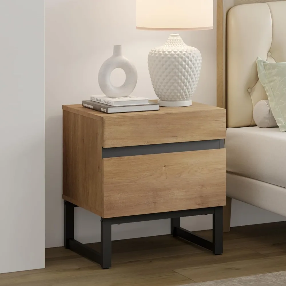 

Nightstand with 2 Drawers for Bedroom, Modern Bedside Table with Black Square Iron Leg, Wood Rustic Side End Table