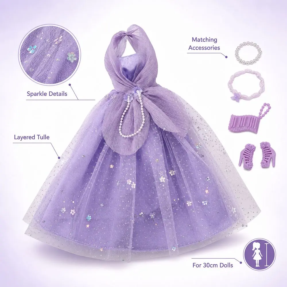 New Layered Full Skirt Fashion Doll Dress Sparkle Details 1/6 Scale Doll Princess Gown Elegant Style Doll Clothing Set Play