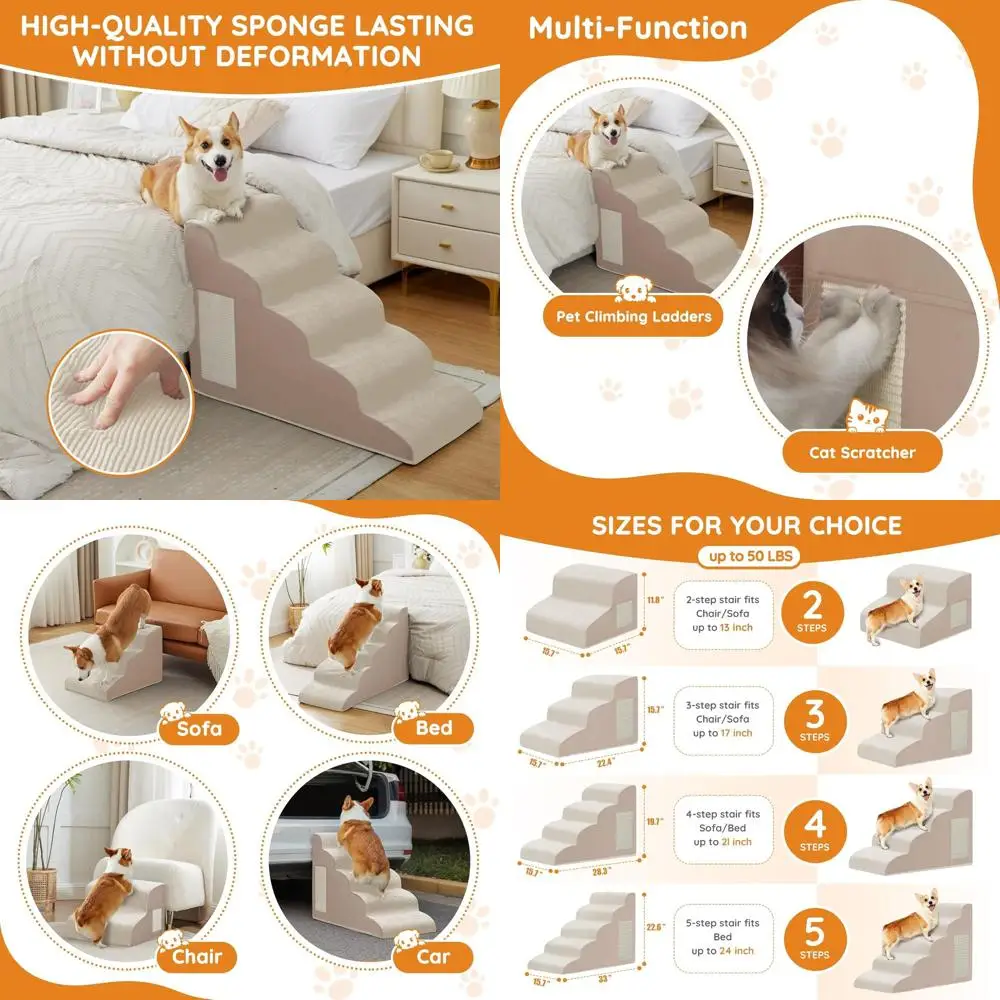 

5-Step Curved Pet Ramp for Small Dogs, Non-Slip, High Density Foam, Beige