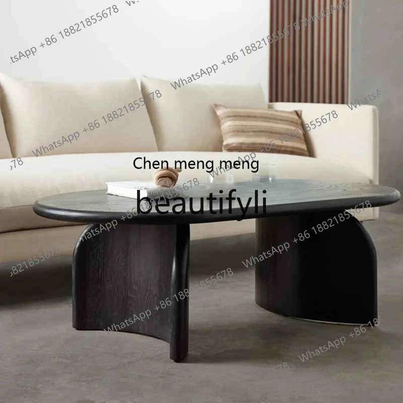 

Nordic Solid Wood Coffee Table Wabi-Sabi Style Black Oval Small Tea Table Simple Vintage Homestay Natural Wood Tea Table