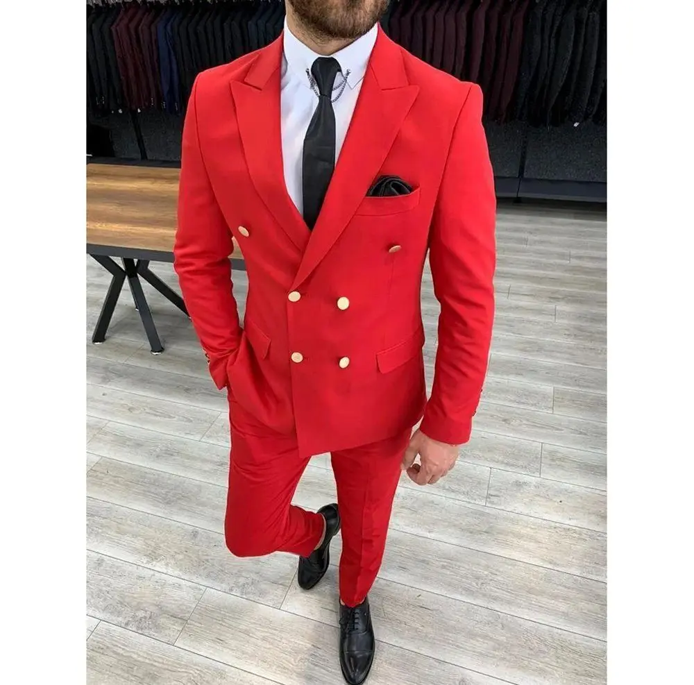 

New Slim Fit Bright Red Men Suit Two Pieces(Jacket+Pants) Lapel Outfits Chic Casual Party Prom Wedding Set