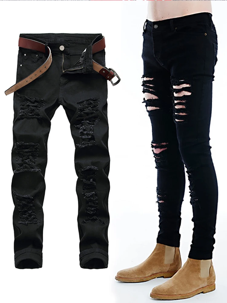 

Модные мужские эластичные облегающие черные джинсы с большими прорезями, универсальные молодежные повседневные длинные брюки из смесового хлопка и полиэстера