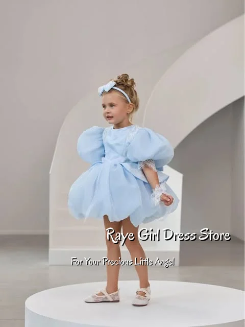 Blue Puff Sleeve Flower Girl Dress For Wedding Birthday First Communion Pageant A Line Short Puffy Tulle Kids Gowns Customized