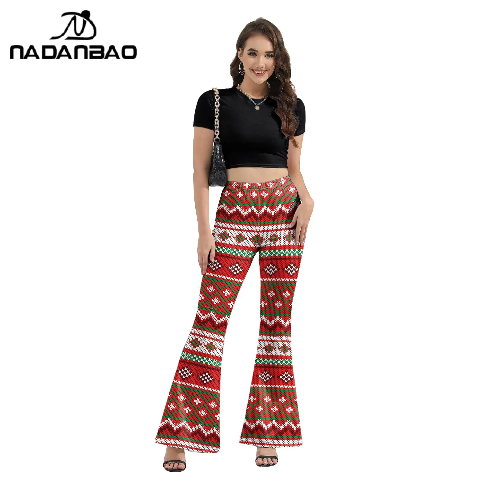 Nadanbao High Waist Bell bottoms Christmas Snowflake Belt Print Flare Leggings Pants Women Sexy Bodycon Trousers Club Pants Slim