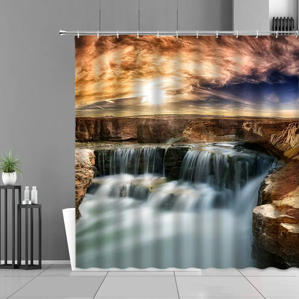 

Sunlight Ocean Beach Shower Curtains Bathroom Curtain Set Ship Sunset Dusk Nature Image Bath Screen Waterproof Polyester Fabric