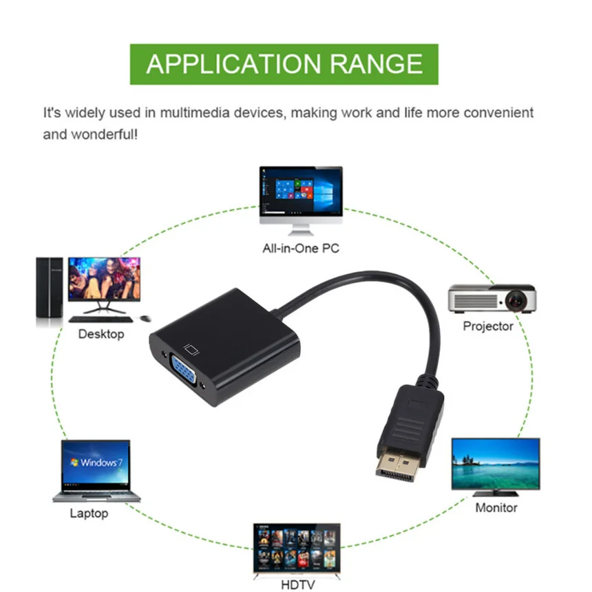 1080P DisplayPort Display Port DP To VGA Adapter Cable Male To Female Converter for PC Computer Laptop HDTV Monitor Projector