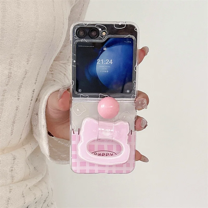 

Korean Cute Puppy Plaid Phone Case For Samsung Galaxy Z Flip 6 5 4 3 Cover with Ring Stand Hard Cases Kawaii Case Z Flip5 Flip6