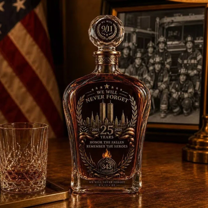 9/11 Memorial 25th Anniversary Glass Decanter 350mL We Will Never Forget Commemorative Liquor Bottle Home Bar Decor Gift