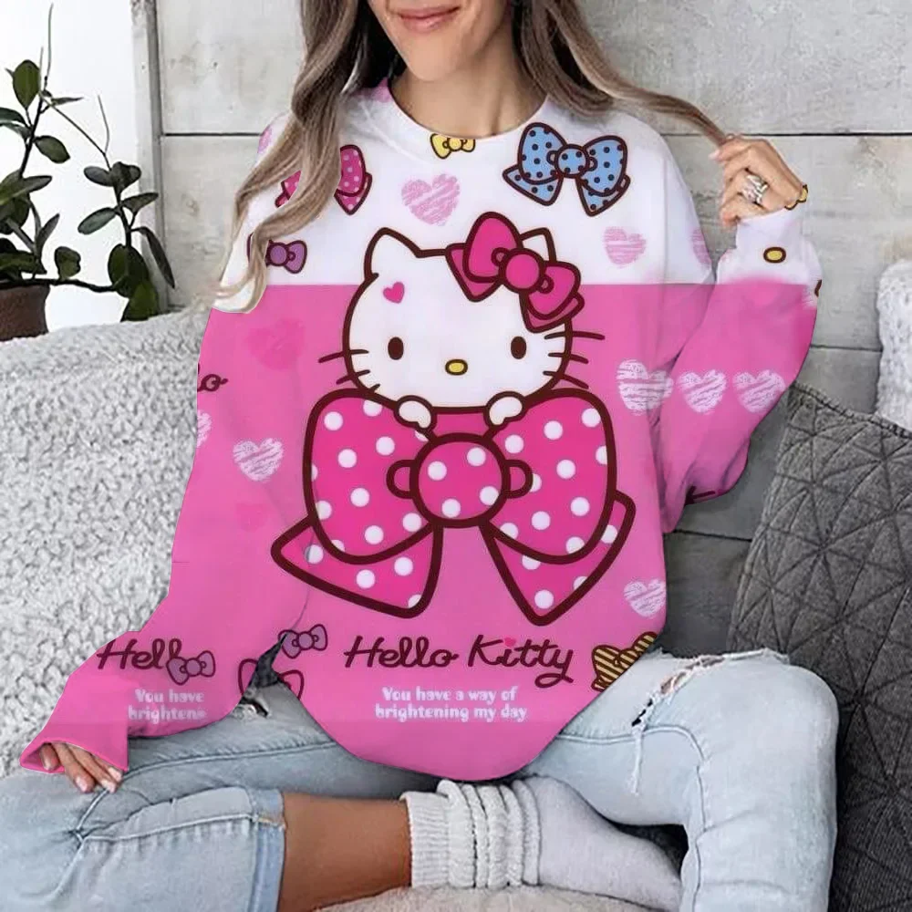 Herfst/winter hoodie met ronde hals en lange mouwen Comfortabele losse kerst Hello Kitty modeprint vrijetijdskleding voor dames