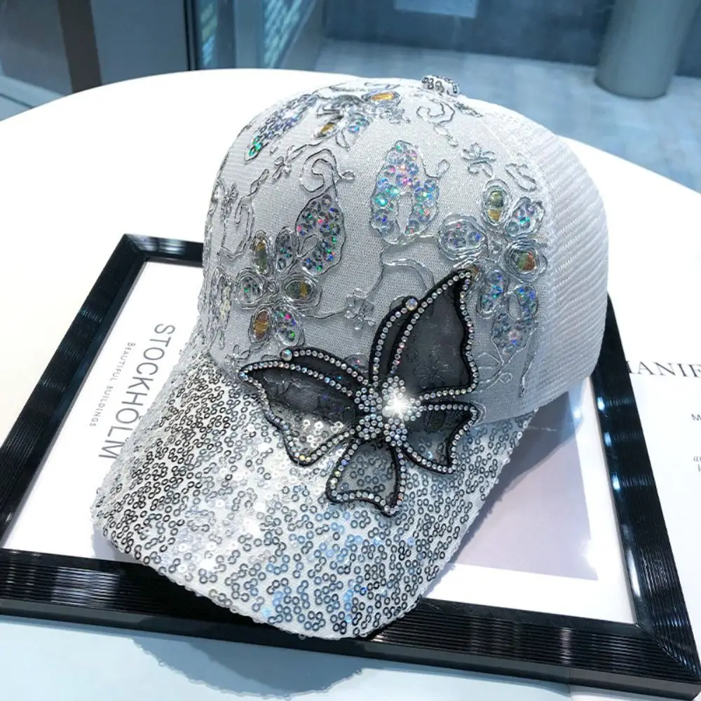 Fashion Mesh Butterfly Baseball Hat Flower Rhinestone Rhinestone Flower Cap Sun Protection Visor Hat Sunscreen Sun Hat Women