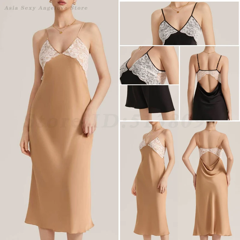 

Женская длинная ночная рубашка, домашняя одежда, сексуальное женское белье, кружевная ночная рубашка с открытой спиной на бретельках, летняя атласная одежда для дома, ночная рубашка