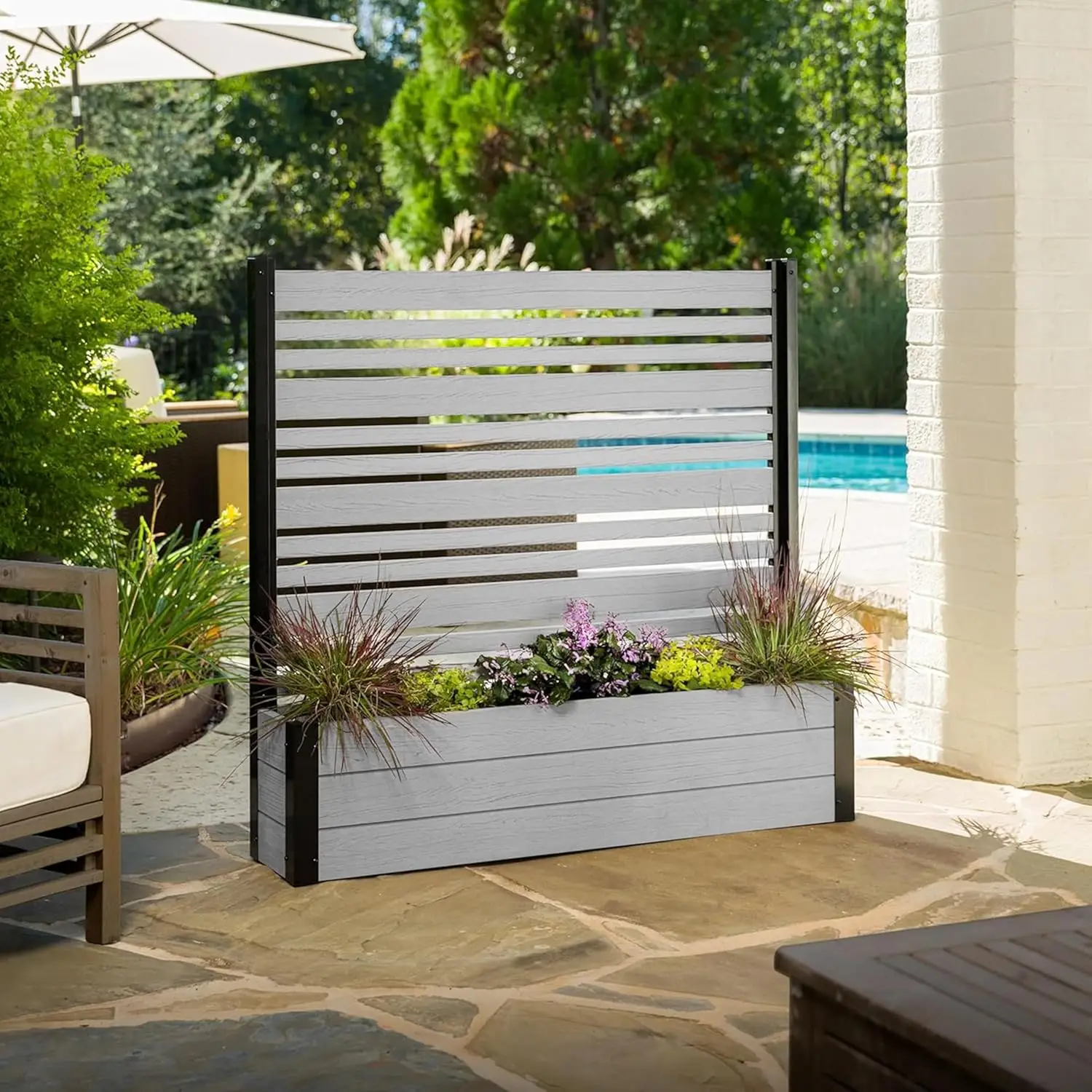 

44in H x 46in W x 9.5in L (1 Screen w/Planter) Freestanding Enclo Florence Privacy Fence Screen with Planter Box, Outdoor Vinyl