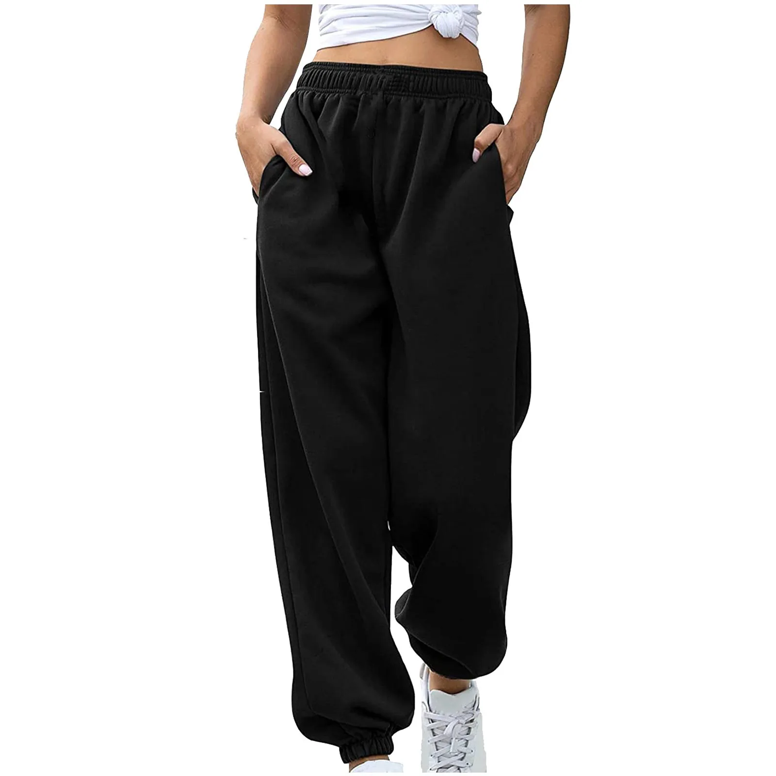 

Women'S Solid-Color Fleece Sweatpants High-Waist Girdle Yoga Pants Jogging Pants Elasticated Waist Loose Girdle Pants