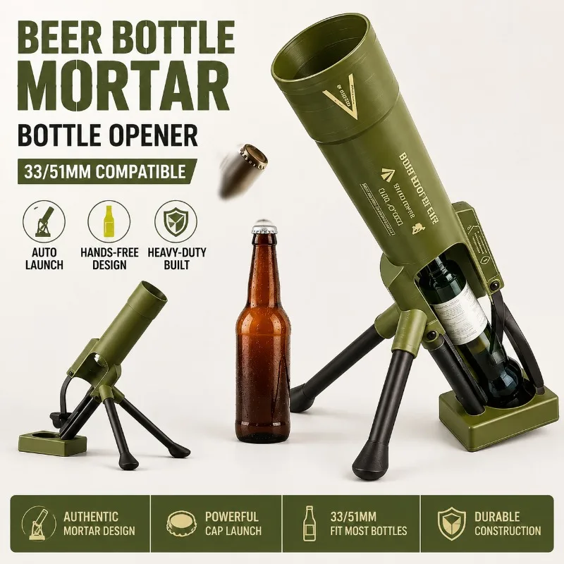 1 Pcs Tactical Mortar Beer Bottle Opener Heavy Duty Cap Launcher Hands-Free Push Down Bar Tool for Party BBQ Camping Men Gift