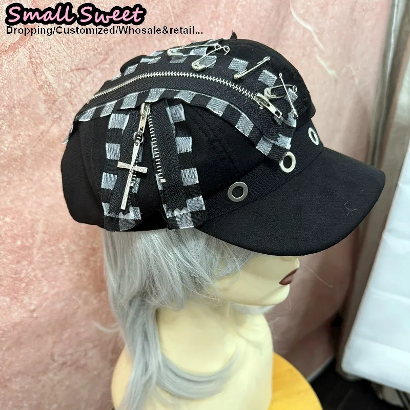 Women Y2k Girl Harajuku Gothic Grunge Punk Grid cloth pin Beret