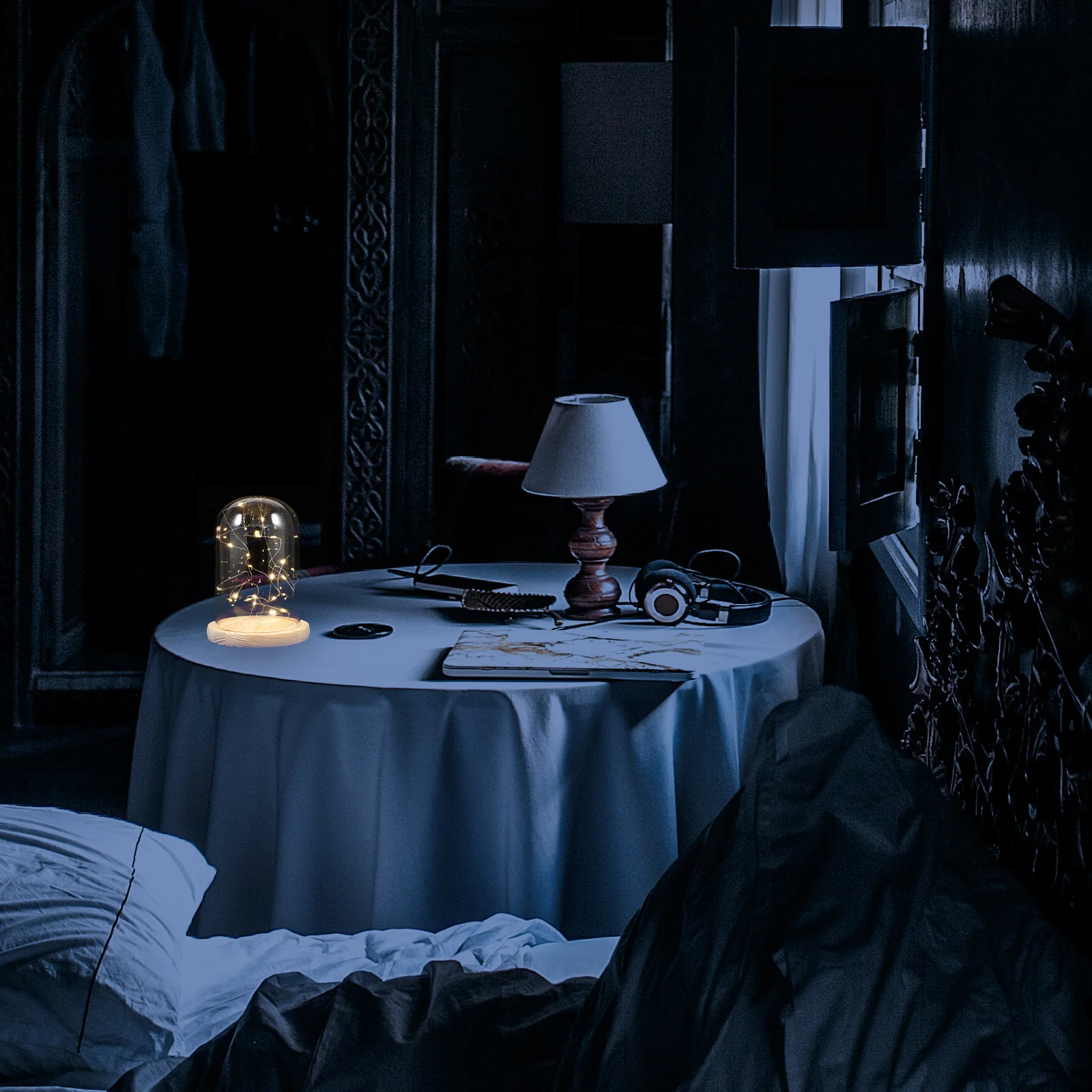 جرس جرة زجاج مصباح على شكل قبة قاعدة خشبية LED USB سلسلة أضواء بيضاء دافئة السرير الجدول مصباح أضواء الجنية في جرة للعيش