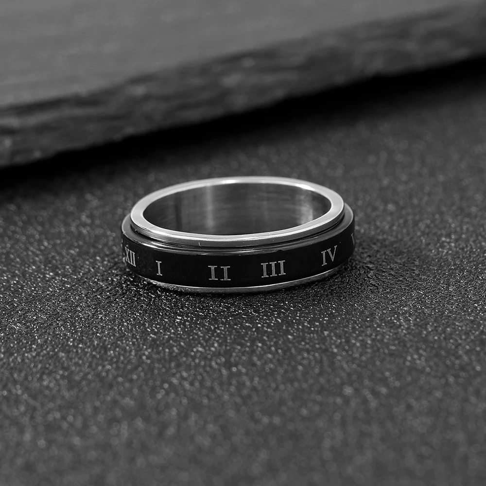 Fashion Jewelry Black Roman Numeral Rotatable Men\'s Titanium Steel Ring