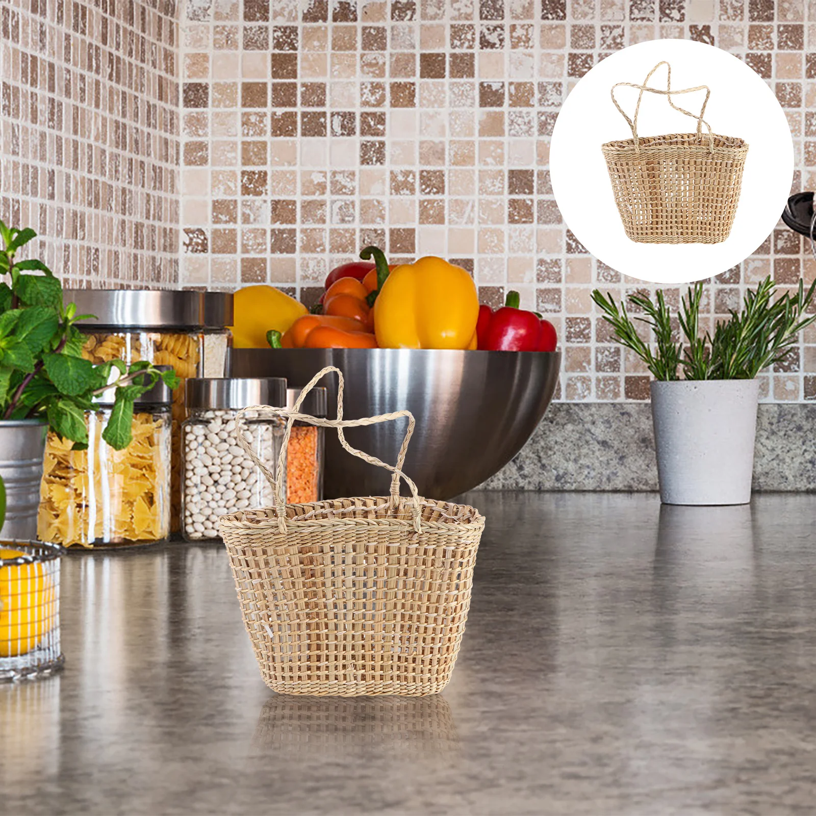 

1Pcs Natural Grass Storage Basket Handwoven Rattan Light Brown Organizer Multi-Purpose Basket for Home Interior Decor