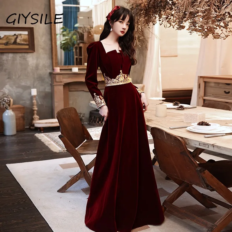 

Свадебная одежда для тостов, новинка 2025 года, бархатное длинное свадебное вечернее платье винно-красного цвета, весеннее темпераментное торжественное платье для тостов, женское элегантное платье