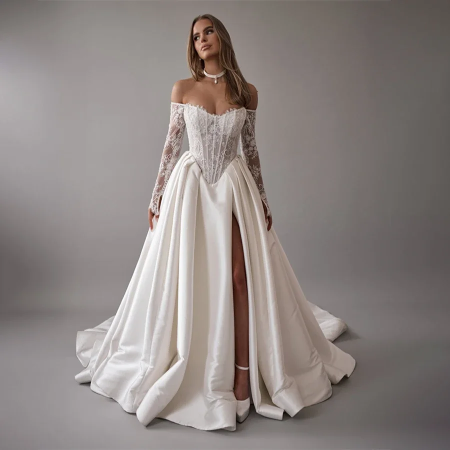 

Customized Lace Sweetheart Neck Satin Wedding Dresses Long Sleeve A-Line Backless Zipper Bridal Gown robe vestido de novia boda