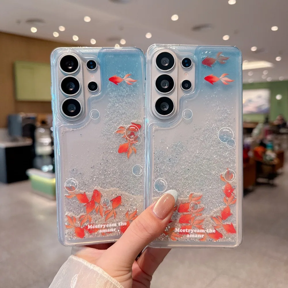 Dynamic Goldfish Quicksand Liquid Phone Case For Samsung Galaxy S26 S25 S24 Ultra Bling Shiny Hard Clear Shockproof Back Cover