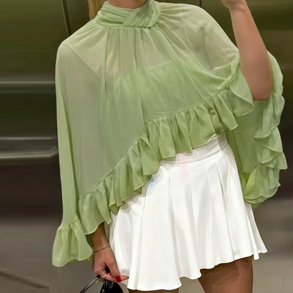 

Women y2k Chiffon Shawl Cape Ruffles Poncho Shirts Tops High Low Hem Sheer Mesh Flowy Tops Mock Neck Batwing Sleeve Blouse