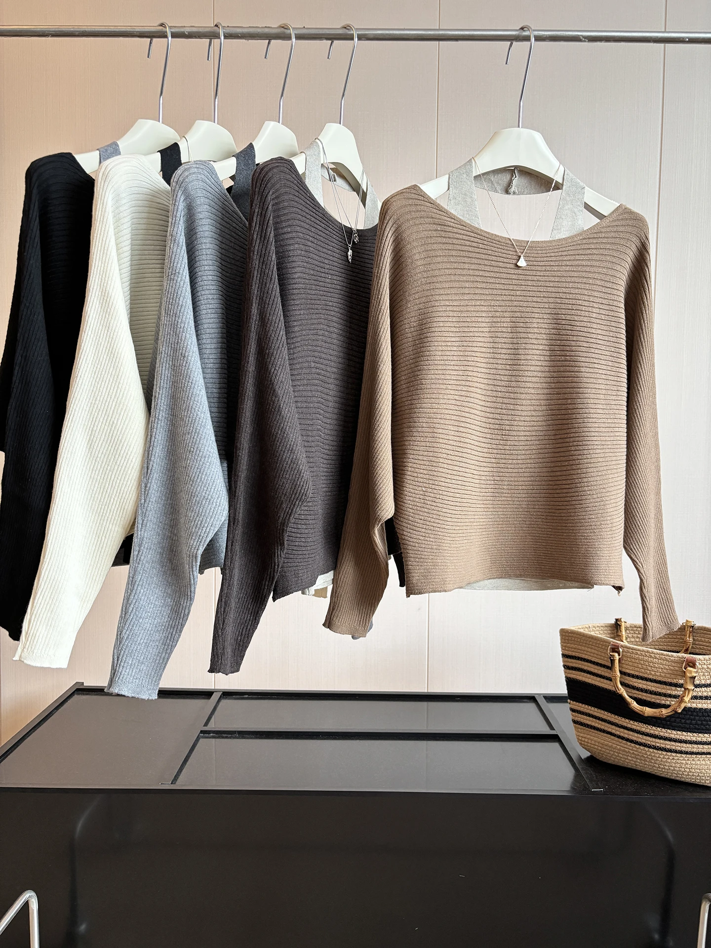 Ladies' Batwing Sleeve Knitted Set Loose Fit Autumn Season Textured Stripes Hanging Neck Strap Two-Piece Fashion Set
