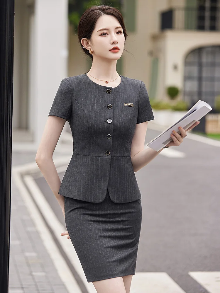 Short Sleeve Business Suit Women's High-End Striped Jewelry Shop Workwear Elegant Slim-Fit Hotel Front Desk Shopping Guide Tooli