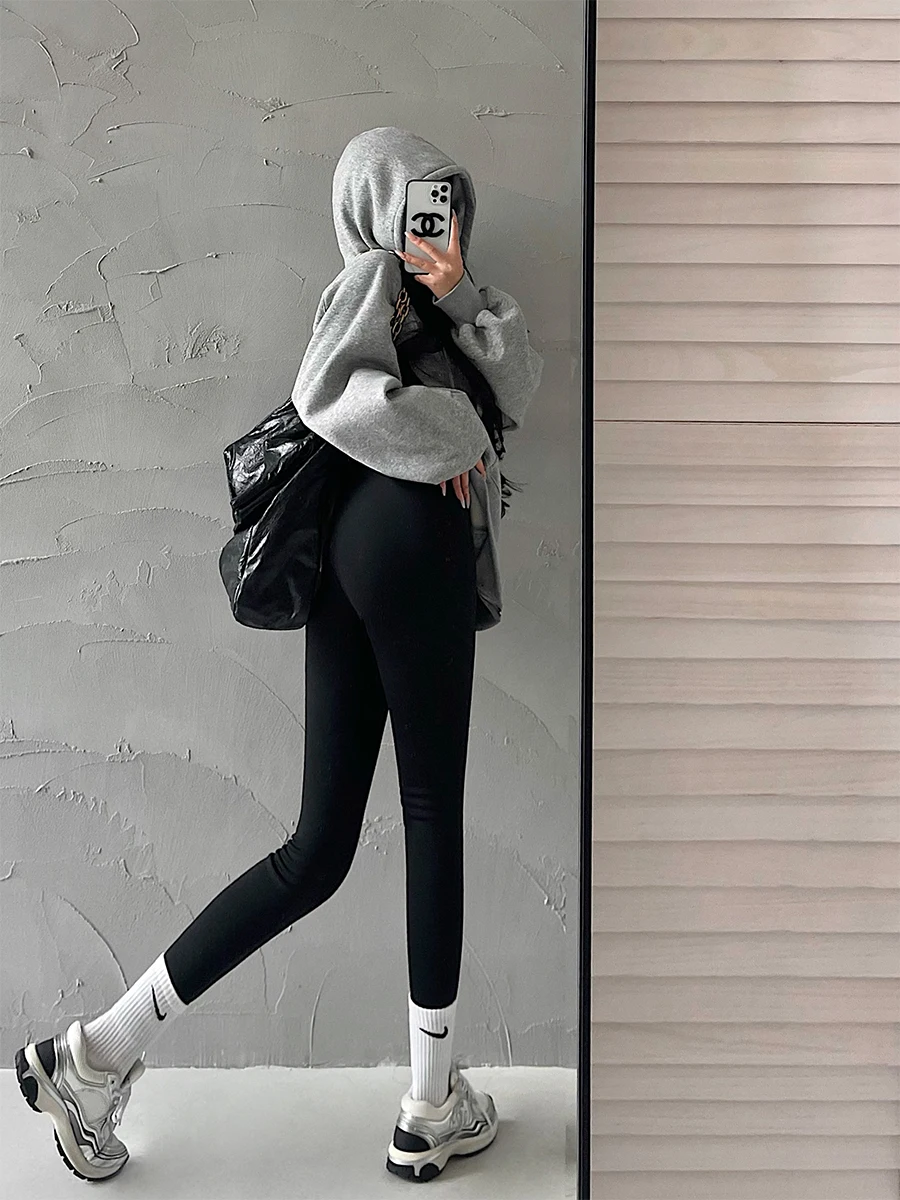 Young Girl High Waist Thickened Fleece Sharkskin Pants Inner Wear Outer Wear Long Trousers Slimming Butt Lifting Abdomen Shaping