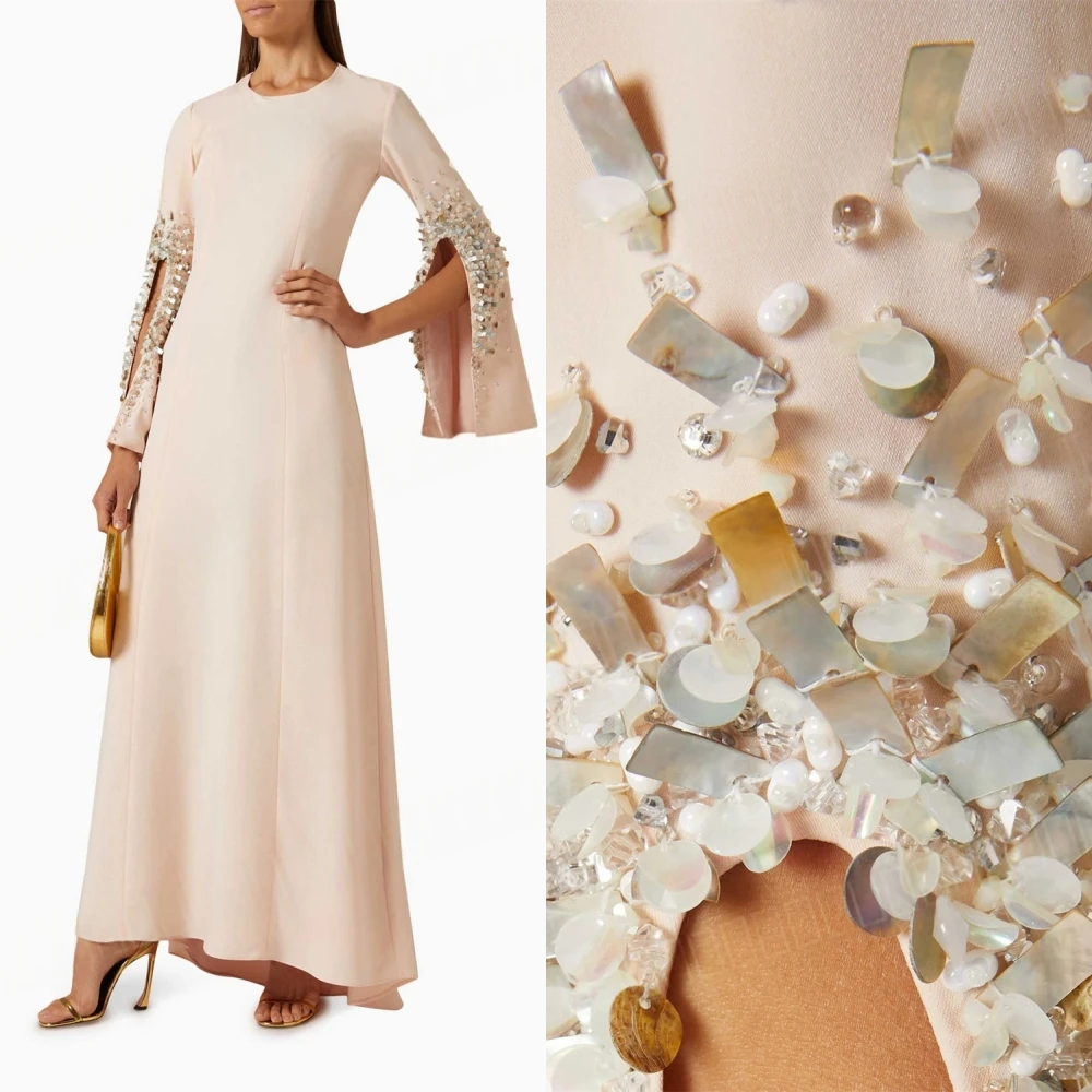 

Customized Delicate light pink Jersey Evening Dress Exquisite Crew Neck Long Sleeves Party Dress Classic Zipper Back Prom Dress