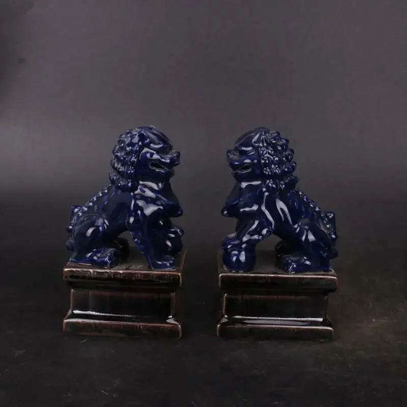 Chinese Qing Blue Glaze Porcelain Figurine Foo Fu Dog Guardion Lion Statue