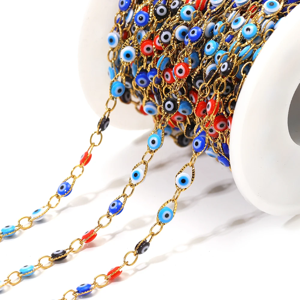 1 Meter Stainless Steel Bohemia Oval Chains Evil Eye Bead Chains Bulk for DIY Necklace Bracelet Findings Crafts Jewelry Material