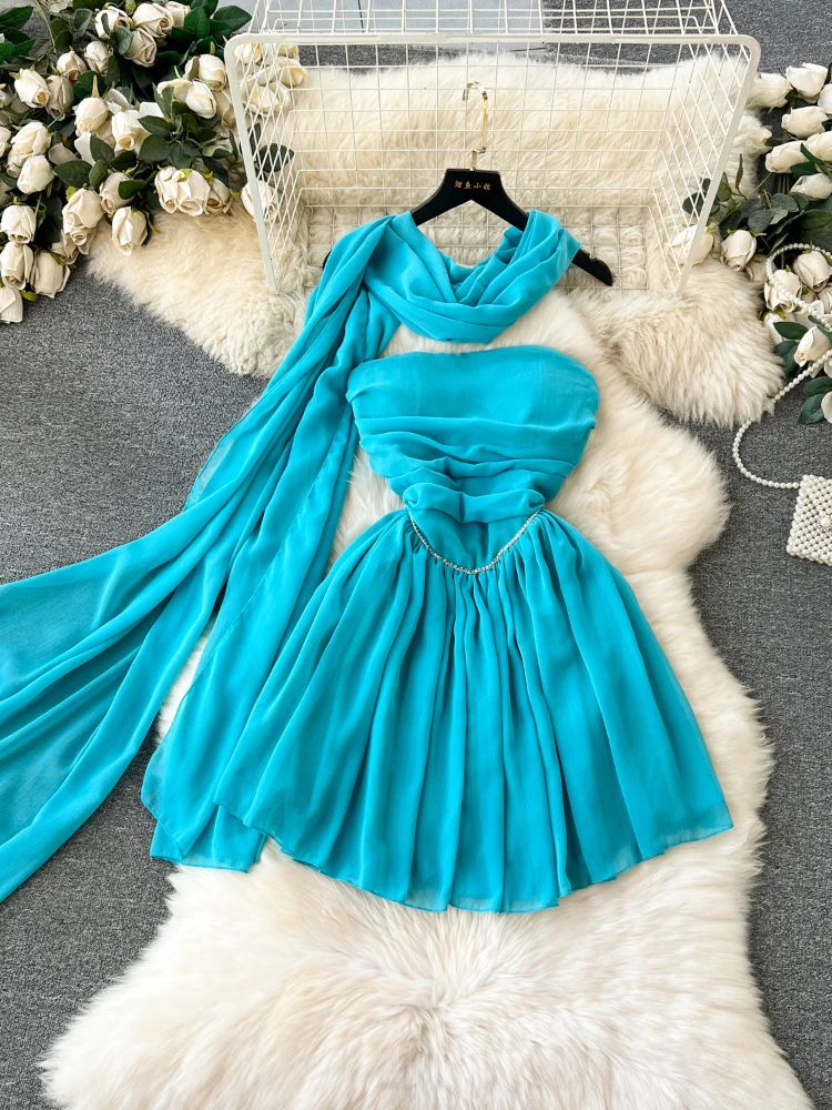 Women Chic Elegant Party Dresses Summer Sexy Off The Shoulder A-line Short Dress Vintage High Waist Chiffon Dress with Scarf