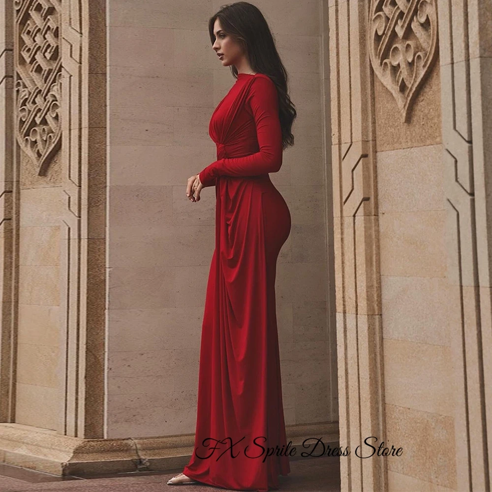 Customized  Formal and Classic Mermaid Long Sleeves O-Neck Evening Dress Red Jersey Court Train Pleats Zipper Back Cele