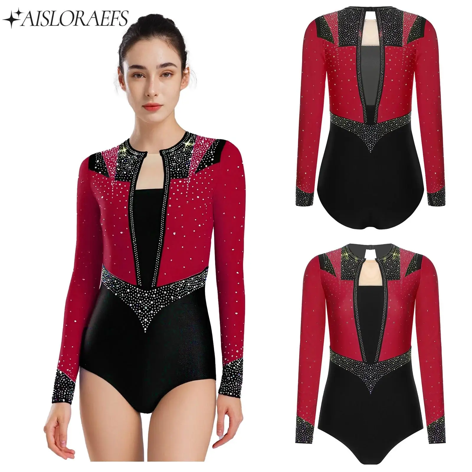 

Rhinestones Rhythmic Gymnastics Leotard Womens Figure Skating Performance Costumes Long Sleeve Ballet Dance Unitard Bodysuit
