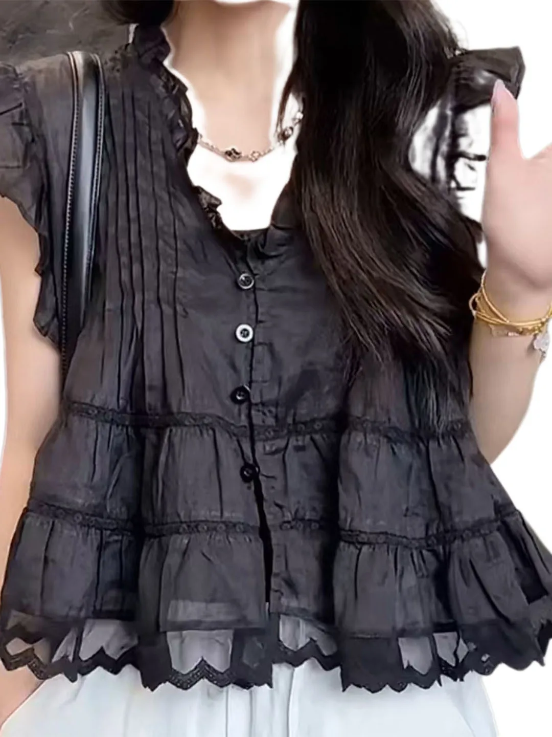 Summer Loose Large Size Women's irt Fairy Sve Lace Trim V-Ne Svel Top Gentle Wind Earlet Floral 