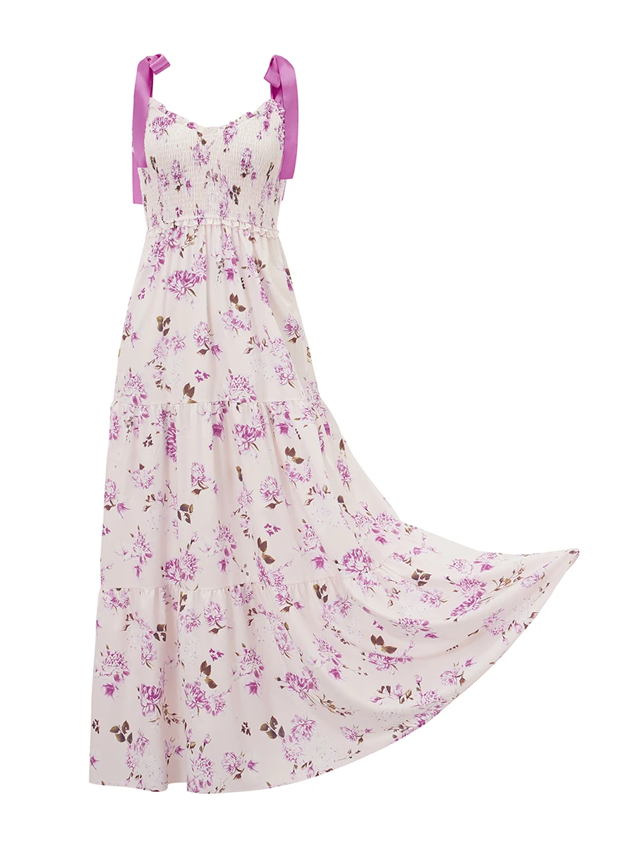 Robe longue d'été pour femmes, sans manches, dos nu, à nouer, imprimé floral, balançoire