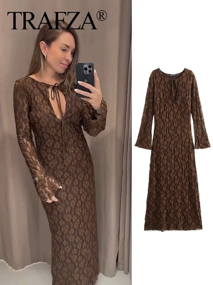 TRAFZA Woman Solid Slim Long Dress Fashion Women's Brown O-Neck Lace Hollow Lace Up Decorate Retro Long Sleeves Dress Mujer