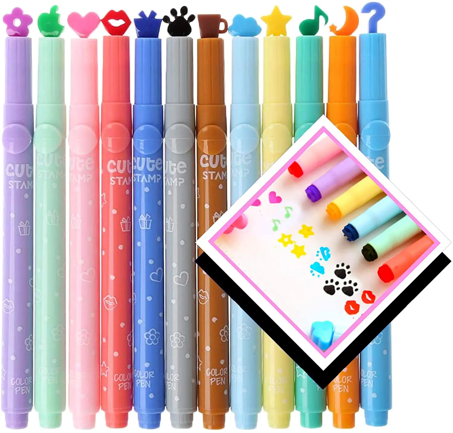 12 Color Cute Kawaii Novelty Stamp Highlighter Pen Marker Assorted Love Star Bear Shape School Kids Student Creative Stationery