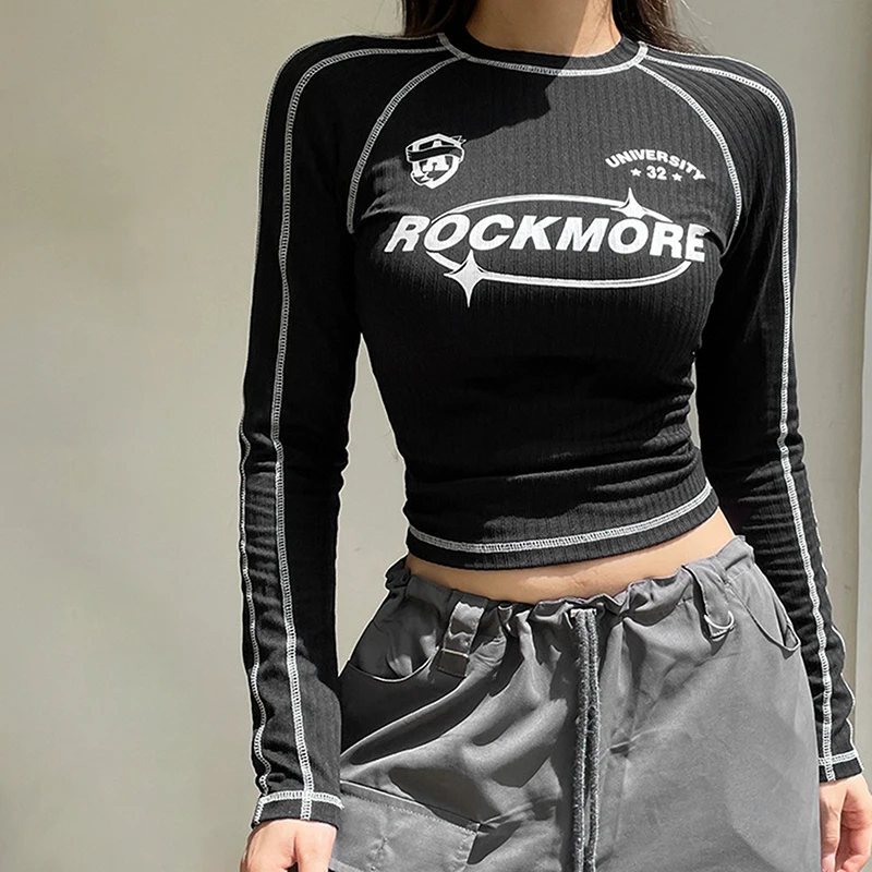 T-Shirt Women Spring New Black Fashion Streetwear Long Sleeves O-Neck Streetwear Crop Top Print Letter Casual Slim Female Tees