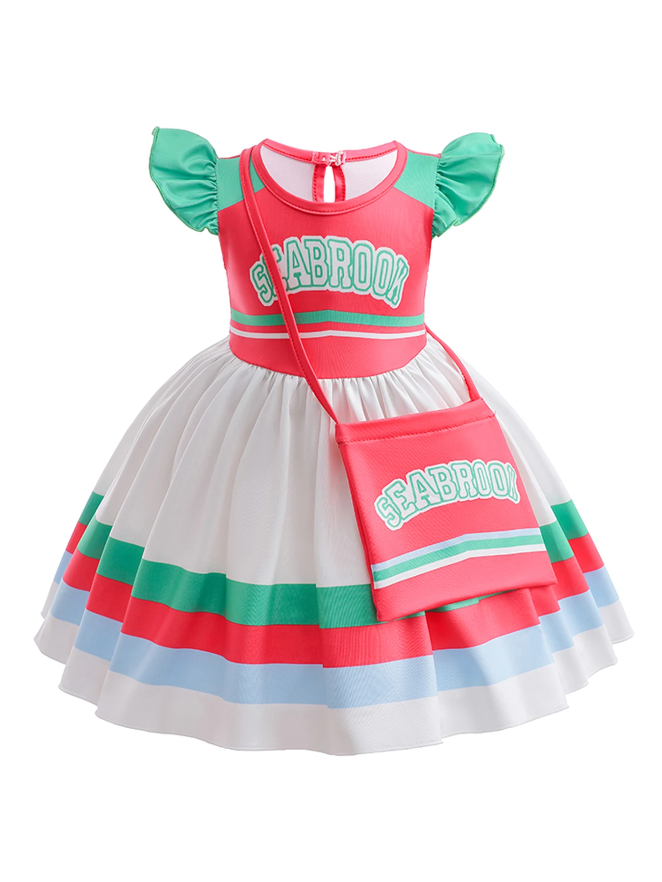 

Girls round neck short sleeve dress - multi-color stitching, with a bag, suitable for festivals, performances, picnics or gifts