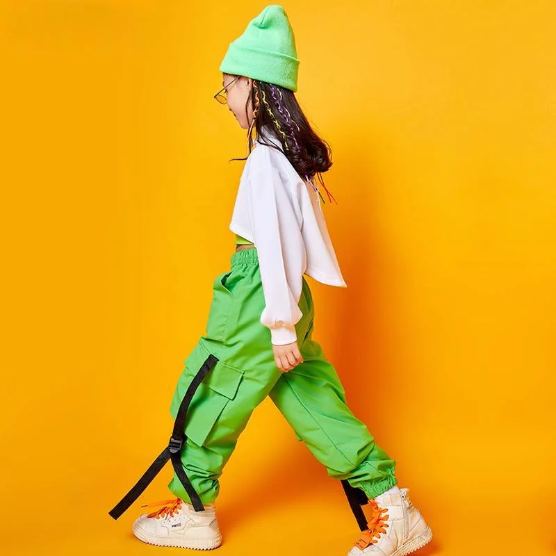 Girls Hip Hop Jogger Cargo Pants Sport Crop Sweatshirt Tank Top Clothes Sets Kids Batwing Sleeve Outfits Teen Child Street Dance