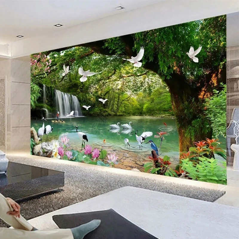 

Custom 3D Wall Murals Hd Crane Waterfall Lotus Dream Forest Wallpaper Living Room Bedroom Study Background Home Decor Wallpaper