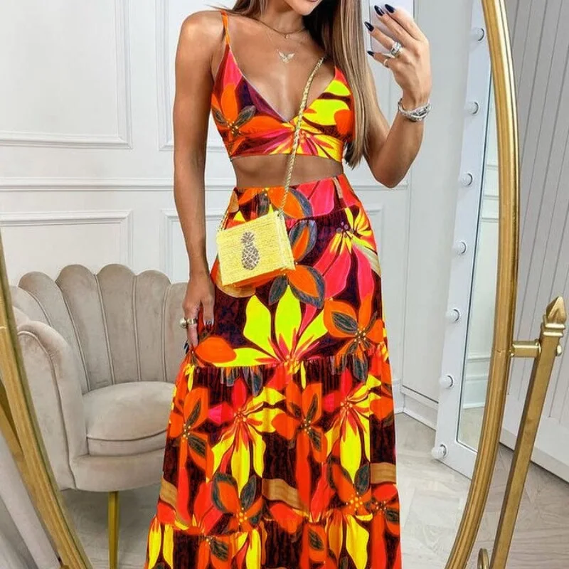 Women\'s V-neck Strap Printed Dress Set Women\'s Two Pieces Suit Robe Full Set Female Outfit Clothes Summer Holiday Style