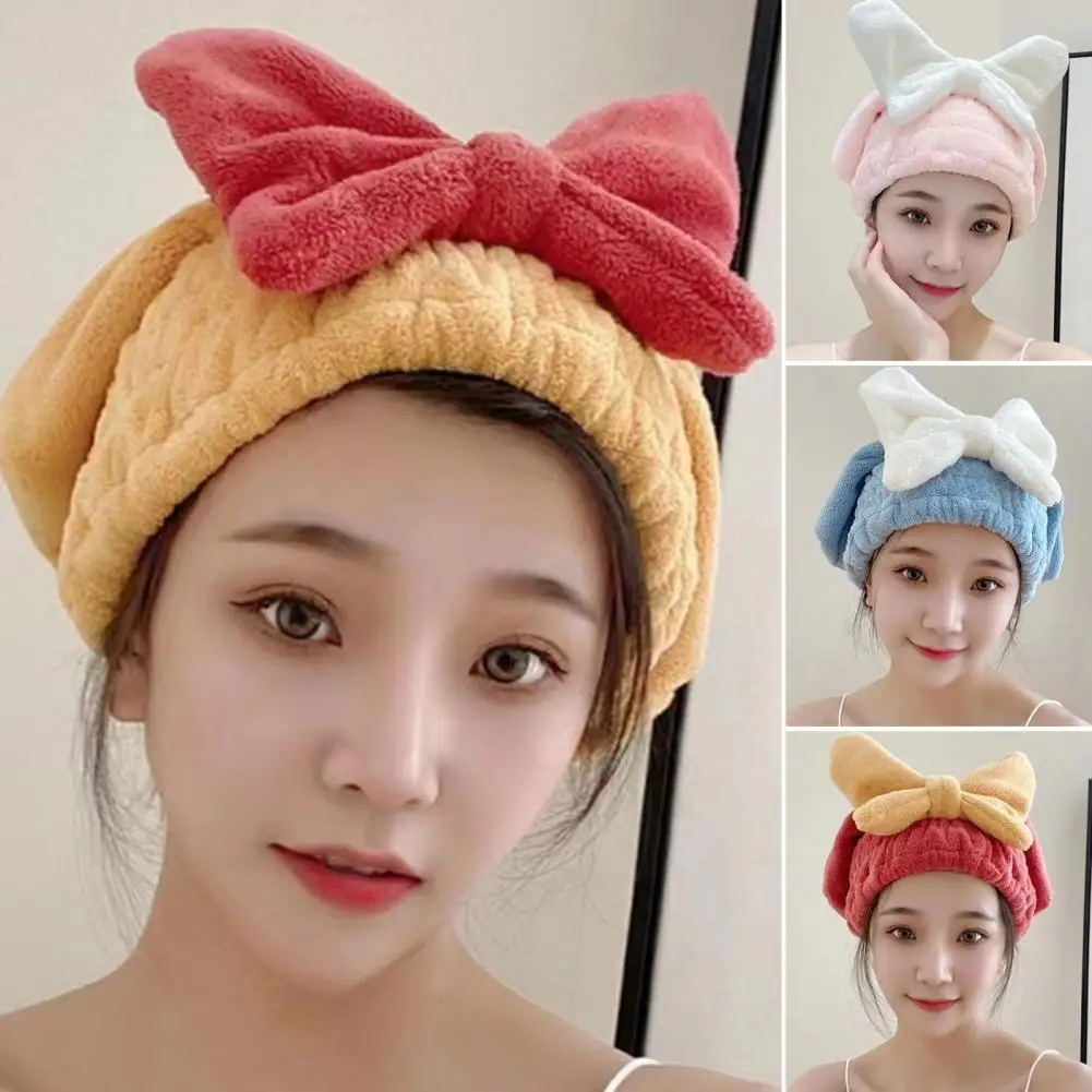 Quick Dry Shower Cap for Women Girls Cute Bowknot Absorbent Coral Fleece Elastic Drying Hair Hat Curly Long Thick Hair