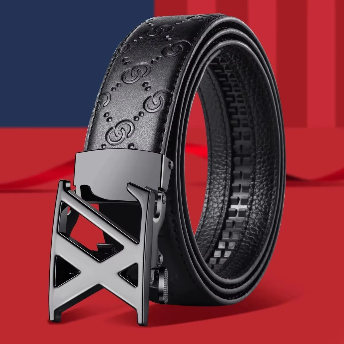 3Pcs Men Auto‑Lock Belt, Embossed Pattern Strap Hollow X‑Shape Metal Automatic Buckle Adjustable Business Casual Waistband