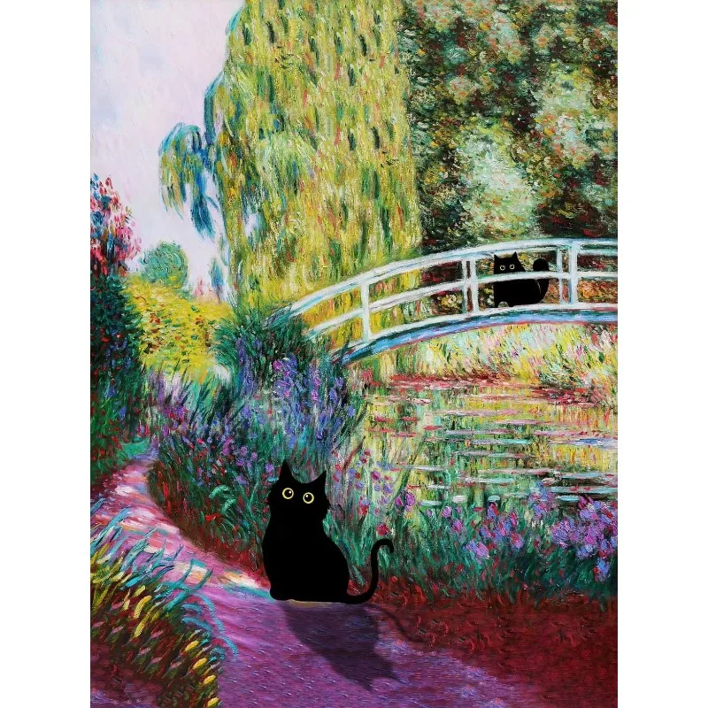 Claude Monet Artworks Interesting Cute Black Cat Lotus Pond Poster Canvas Paintings Wall Art Pictures for Living Room Home Decor