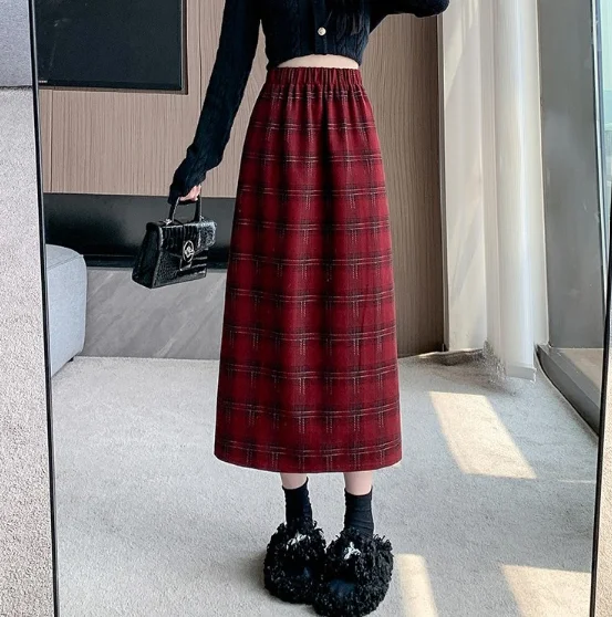Women's Autumn Winter Long Woolen Skirt 2026 Fashion High Waist A-line Skirts Female Retro Split Long Plaid Skirts U465